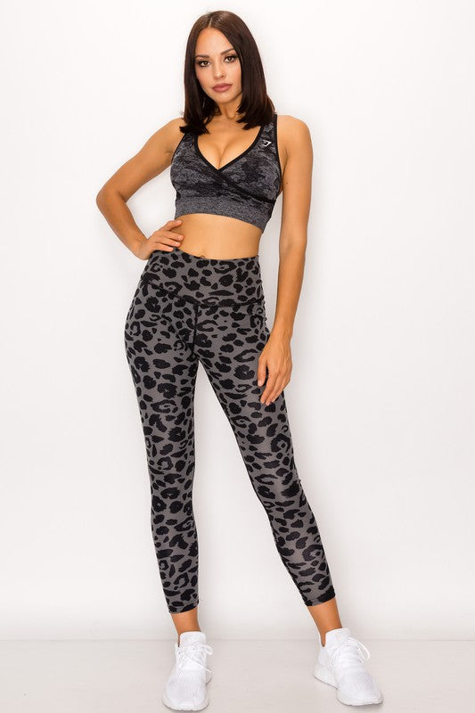 High Rise Leopard Leggings-Grey/Blue