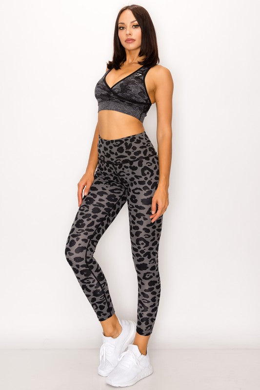 High Rise Leopard Leggings-Grey/Blue